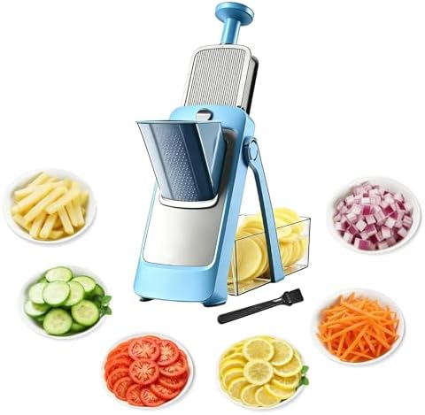 Upgraded Safe Mandoline Slicer for Kitchen, Potato Slicer for Chips, Multi Vegetable Chopper with Drain Basket Storage Container, Thickness Adjustable Versatile Faster Slice Artifact (Blue) by Unknown
