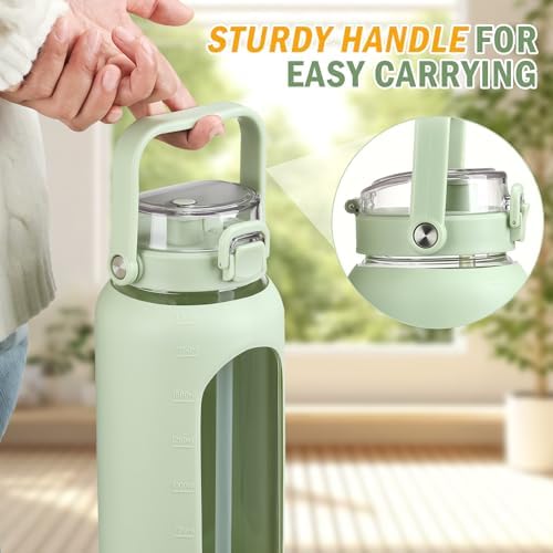 64oz Glass Water Bottles with Straw Time Marker Half Gallon Large Motivational Water Bottle with Silicone Sleeve 2 Liter Large Glass Water Jug for Gym, Sports& Workout, Daily, Green