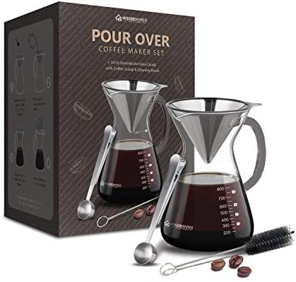 Pour Over Coffee Maker Set - 34 oz Large Borosilicate Glass Carafe, Thickened Rust Resistant Heat Resistant Double-Layer Stainless Steel Dripper/Filter with Coffee Scoop and Cleaning Brush
