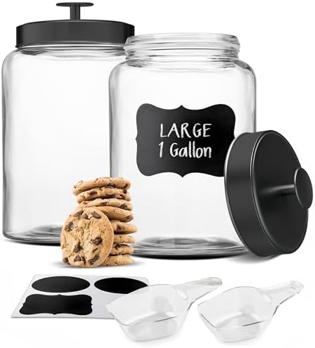 Glass Storage Containers with Lids, Glass Jar with Lid, 1 Gallon, Set of 2, Glass Canister, Storage, Laundry, Kitchen Jar, (Circular, Black)