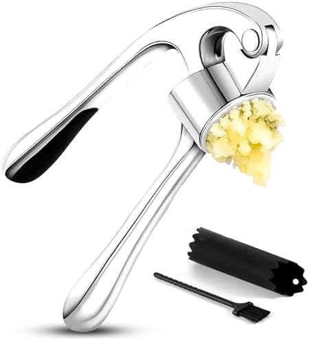 Garlic Press & Mincer 3 Piece Set - Garlic Twister Crusher, Chrome Finish, Silicone Peeler & Cleaning Brush, Ergonomic Handle, Dishwasher Safe