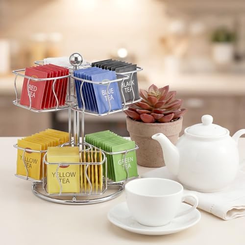 Tea Bag Organizer, 360 Degree 2 Tier Tea Bag Spining Carousel Organizer with 6 Compartments for Countertop Kitchen Cabinet, Holds Up to 60 Bags