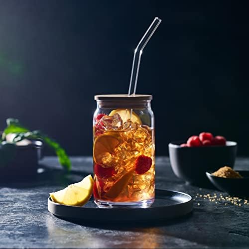 Set of 4 Patented Can Shaped® Drinking Glasses with Bamboo Lids & Straws - 16oz Clear Water Cups for Iced Coffee, Tea, Cocktails, Whiskey, Soda - Tumbler Cup