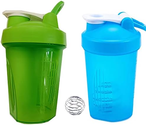 Blender Shaker Bottle w. Loop Top and Stainless Whisk Ball,BPA free,Leak Proof,Wide Mouth,-2 Packs (16OZ-400ML, GREEN&BLUE) by Unknown