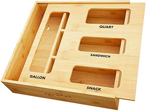 Bag Storage Organizer for Kitchen Drawer, Bamboo Organizer, Compatible with Gallon, Quart, Sandwich and Snack Variety Size Bag (1 Box 4 Slots)