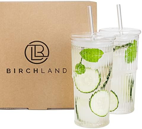 All Glass Iced Coffee Cup with Lid and Straw, Ribbed Glass Tumbler Set of 2 (22 oz ribbed)