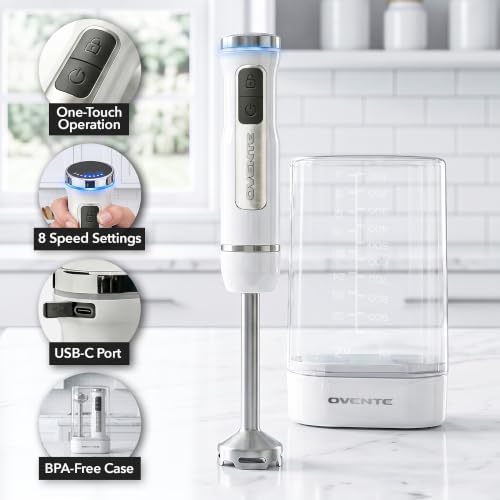 OVENTE Cordless Hand Blender, Rechargeable with 8 Mixing Speed White HR781W - Image 2