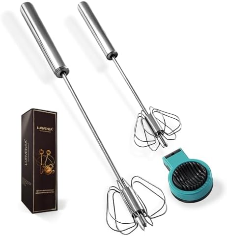 Semi Automatic Whisk Set – 2 Pack Hand Push Rotary Egg Whisk (10" & 14") + Bonus Strawberry & Egg Slicer – Stainless Steel Spring Whisk for Eggs, Batter & Cream, No Batteries by Unknown