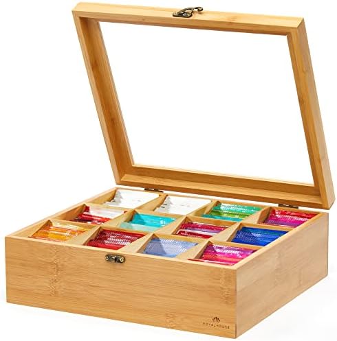 Natural Bamboo Tea Storage Organizer, Clear Acrylic Top, 12 Compartments