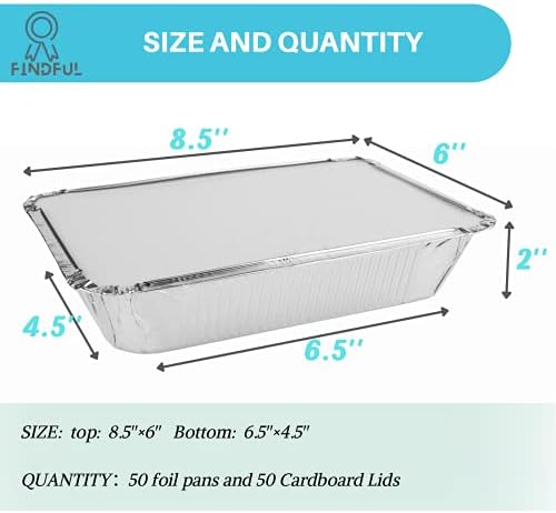 Aluminum Pans with Lids (50-Pack, 8.5"×6") 2.25 LB Capacity Foil Food Containers with Lids - Disposable Tin Foil Pans - for Baking, Meal Prep and Freezer, Takeout (50)