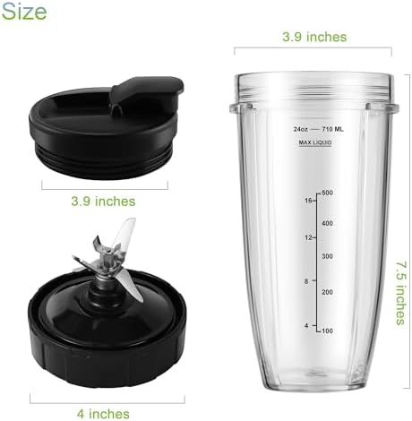 7-Fin Blender Replacement Parts for Ninja BL480 BL640 BL642 – 24oz Cup with Lid and Blade, Fits 7-Fin Drive Systems Only