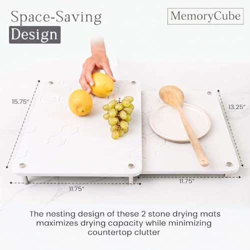 2 Pack Diatomaceous Earth Dish Drying Mat, Rapid Absorbing Drying Stone Mat with Non-Slip Rubber Feet, Nestable Stone Dual Size Kitchen Counter Drying Pad Set (White)