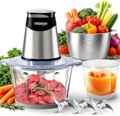 Food Processor Electric Food Chopper with Meat Grinder & Vegetable Chopper - 3 Bowls(8Cup+8Cup+3Cup) with Powerful Copper Motor - Includes 3 Sets of Bi-Level Blades for Fruits/Meat/Nuts by Mooye