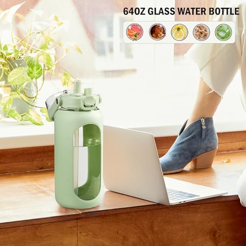 64oz Glass Water Bottles with Straw Time Marker Half Gallon Large Motivational Water Bottle with Silicone Sleeve 2 Liter Large Glass Water Jug for Gym, Sports& Workout, Daily, Green