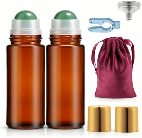Roller Ball Applicator,Rose Quartz Roller Bottle,50ml Refillable Amber Glass Roll On Bottles with Natural Crystal Roller Balls,Leak-Proof Travel Perfume Bottle with Gold Caps (2Green) by Unknown