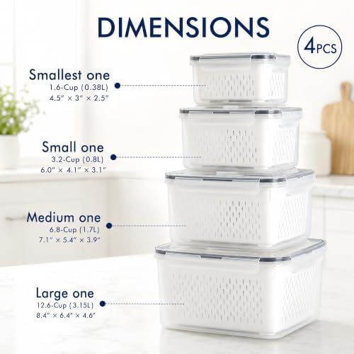 4 Pcs Large Fruit Storage Containers for Fridge Food Storage with Colanders