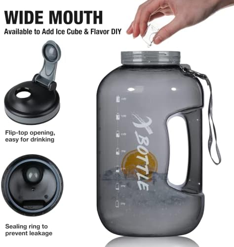 1 Gallon BPA Free Dishwasher Safe 128oz Large Water Bottle with Motivational Time Marker and Handle - Leak-proof Big Black Water Jug for Camping, Sports, Workouts (Chug Lid)