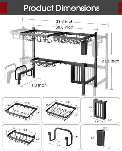 Over The Sink Dish Drying Rack - Adjustable 2 Tier Large Capacity Stainless Steel Drainer with Cutlery & Utensil Holders, Kitchen Storage & Organization, 30"-33.9" L x 11" W x 21.5" H, Black