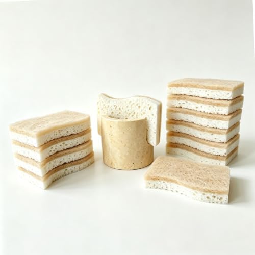 Natural Travertine Sponge Holder w/ 12 Plant-Based Kitchen Sponge Scrubber