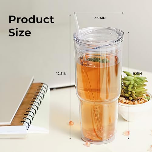 30oz/2 pcs Classic Insulated Tumblers,Double Wall Acrylic Tumbler with Lid，Reusable Plastic Insulated Tumblers with Straw，for cold drinks, sand ice, whatever you like(transparent,2 pack)