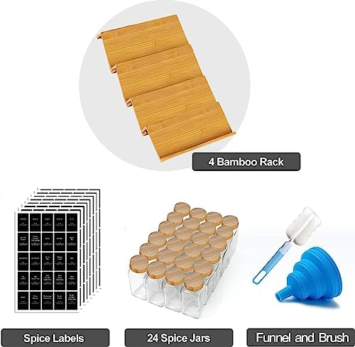 Spice Drawer Organizer Set, Bamboo Spice Rack Tray Kit with 24 Spice Jars, 275 Labels, Funnel & Brush, 4 Tier Spice Tray Seasoning Organiser for Kitchen Drawers, Countertop Cabinet, 13"×21.45"