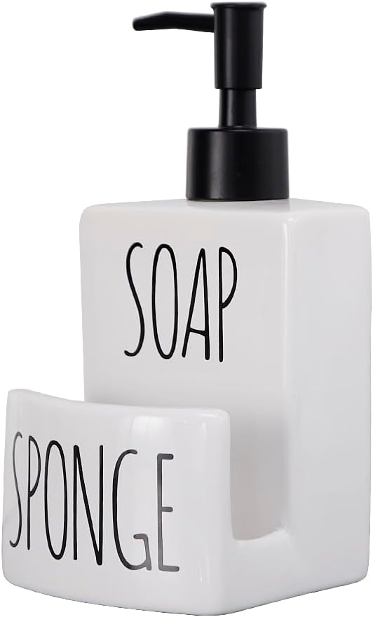 Ceramic Dish soap Dispenser with Sponge Holder Hand and Dish Soap Dispenser Set for Kitchen 2-in-1 Countertop Soap Pump Dispenser for Kitchen Sink, Useful Kitchen Gadgets - Modern Farmhouse White