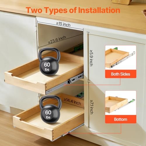 Pull Out Cabinet Organizer, 14"W x 21"D Cabinet Drawer, Soft Close Slide out Shelf, Heavy-Duty Sliding Wood Drawer, Bottom Mount Size（14.5"W x 23"D）and Side Mount Size（15"W x 23"D）
