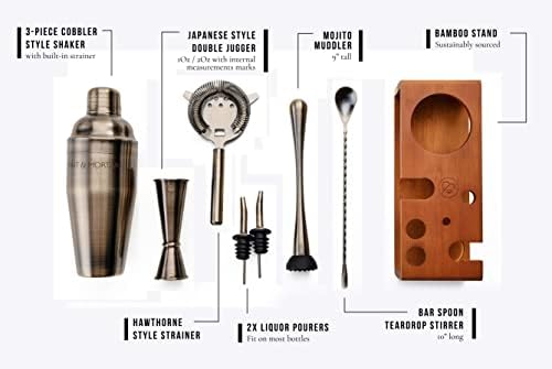 Cocktail Shaker Set, 7-Piece Stainless Steel Bartender Kit with Bamboo Stand, 24 oz Cobbler Shaker and Home Bar Tools, Brushed Gold