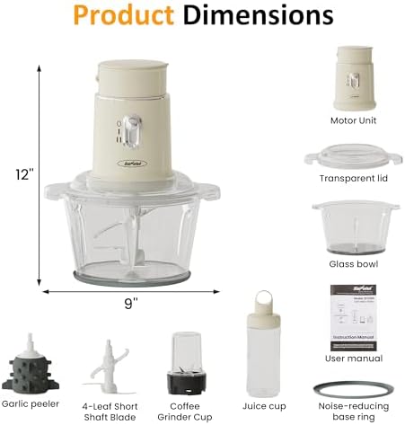 4-in-1 Electric Food Chopper & Small Food Processor, Meat Grinder, Garlic Peeler & Juicer, 2-Speed Mini Food Processor with 1.5L Glass Bowl and 2 Cups (0.4L+0.2L), Beige