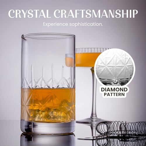 Commercial Grade Bar Mixing Glass – Includes 24oz Crystal Stirring Glass, Japanese Jigger, Bar Spoon, Muddler, and Hawthorne Strainer for Crafting Old Fashioned Cocktails at Home Bars