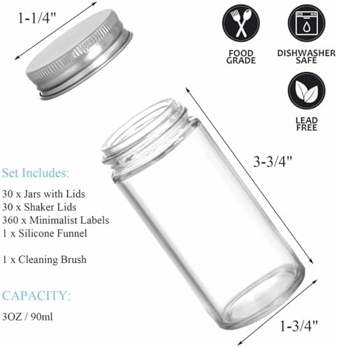 30 Pack Round Spice Bottles Jars with Silver Lids, 3oz Empty Glass Spice Containers Shakers Complete Organizer Set Includes Shaker Lids, Wide Funnel, Labels and Cleaning Brush