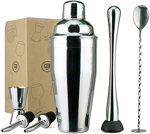 Professional Bartender Kit - 6PC Premium Cocktail Stainless Steel Shaker Set - 24oz Martini Shaker Gloss Finish, with Muddler, Stirring Spoon, 2X Wine Pourer, and Double Jigger