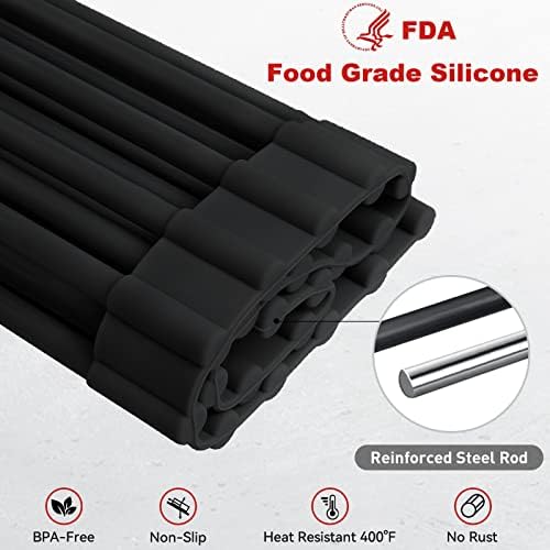 Roll Up Dish Drying Rack Silicone Wrapped Over The Sink Dish Drying Rack Multipurpose Foldable Sink Drying Mat Anti-Slip & Anti-Rust Dish Rack for Kitchen, 17.5" x 13", Black