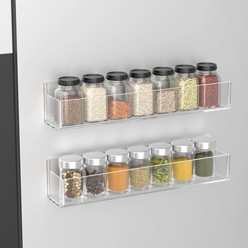 Adhesive Acrylic Spice Rack Organizer for Wall with Nano Double Sided Tape, Spice Shelf Organization for Kitchen Cabinet Door/Pantry Door, Wall Mount Seasoning Rack (Clear-2 Pack)