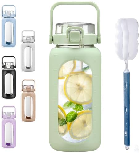 64oz Glass Water Bottles with Straw Time Marker Half Gallon Large Motivational Water Bottle with Silicone Sleeve 2 Liter Large Glass Water Jug for Gym, Sports& Workout, Daily, Green