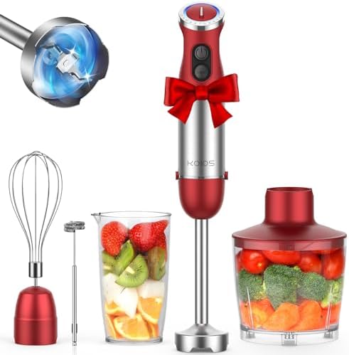 5-in-1 Hand Immersion Blender, 1000W 12 Speed Handheld Blender Stick with Copper Motor Stainless Steel Blade, 600ml Mixing Beaker,500ml Food Processor, Whisk, Milk Frother, Non-BPA, Red