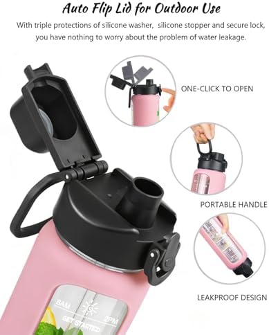 32 oz Glass Water Bottles with Straw, Water Bottle with Time Marker
