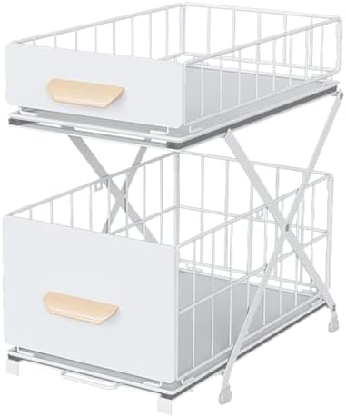 2 Tier Pull Out Cabinet Organizer, Under Sink Organizer, White