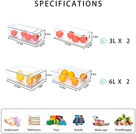 4 pack Stackable Refrigerator Organizer Bins Pull-Out Drawers for Fruit and Veggies Storage Organizer for Fridge Clear Drawer Containers with Handle Divided Organization for Produce Saver