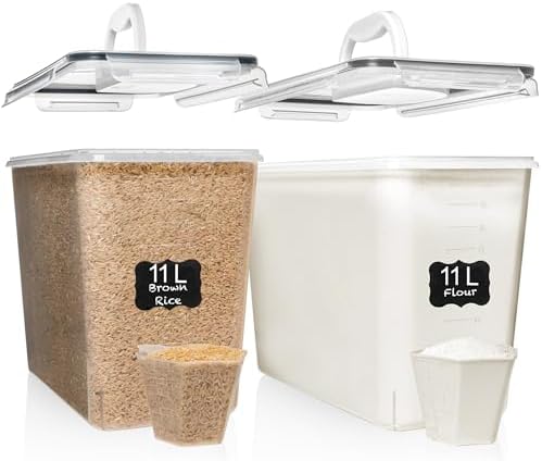 2 PC (11L | 372 oz) Flour Sugar Storage Containers with Easy Carry Handle - Plastic Extra Large Food Storage Containers with Lids for Rice Cereal, BPA Free & Airtight Kitchen Pantry Organization