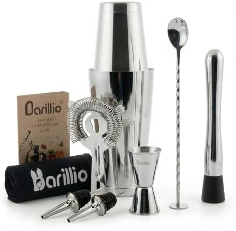 Boston Shaker Set - Stainless-Steel, Weighted, Martini Cocktail Shaker Set w/Strainer & Mixer - Mixology Bartender Kit - Bar Set for the Home - 9-pc Drink Shaker Set - Bar Tools - Silver