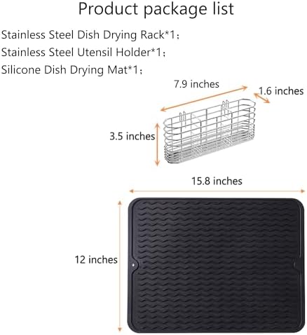 Stainless Steel Dish Drying Rack (15" L X 11" W X 4.1" H), Expandable Fruit & Vegetable Drain Rack Over Sink, Dish Drainer Rack in Sink, with Utensil Holder & Silicone Mat (16")