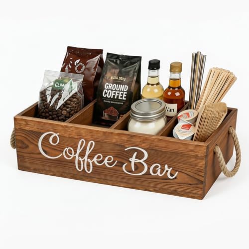 Coffee Station Organizer with Small Removable Dividers, Wooden Coffee Bar Accessories Storage For Countertop, Farmhouse Kcup Coffee Pod Holder Basket With Handle For Coffee Lover