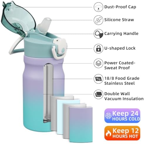 BJPKPK 14 oz Insulated Water Bottle, Straw, Handle, Stainless Steel Flask - Image 2