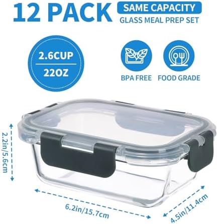 12 Pack, 22 oz Glass Meal Prep Containers with Lids, Gray Set
