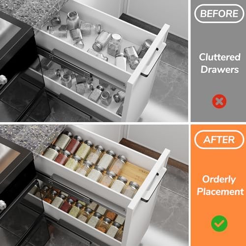 Bamboo Spice Drawer Organizer with Non-slip Mat,4 Tier Jar Spice Rack Tray 9.5'',Seasoning Organizer for Kitchen,Cabinet,Drawers,Countertop