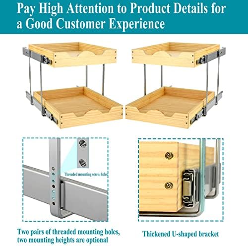 2 Tier Pull Out Cabinet Organizer (17"W x 21"D), Double Tier Slide out Wood Drawer Shelf, Pull Out Shelves for Base Cabinet Organization in Kitchen, Pantry, Bathroom