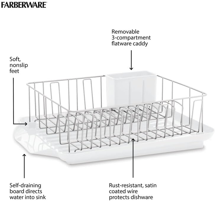 Classic Large Rust Resistant Full Dishrack with Removable 3 Compartment Flatware Caddy, Andlged Drain Board, 3-Piece, White
