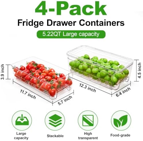 Fruit Storage Containers for Fridge with Pull-Out Organizer Bins, 4 pack