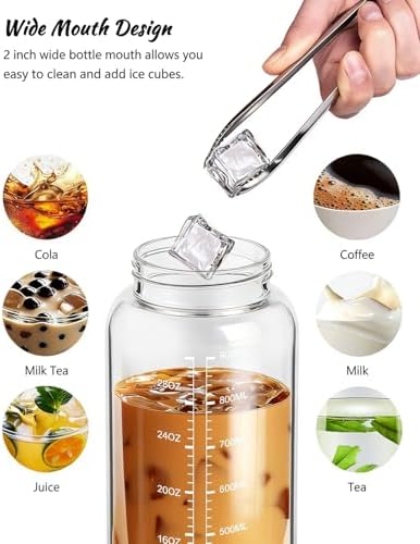 32 oz Glass Water Bottles with Straw, Water Bottle with Time Marker